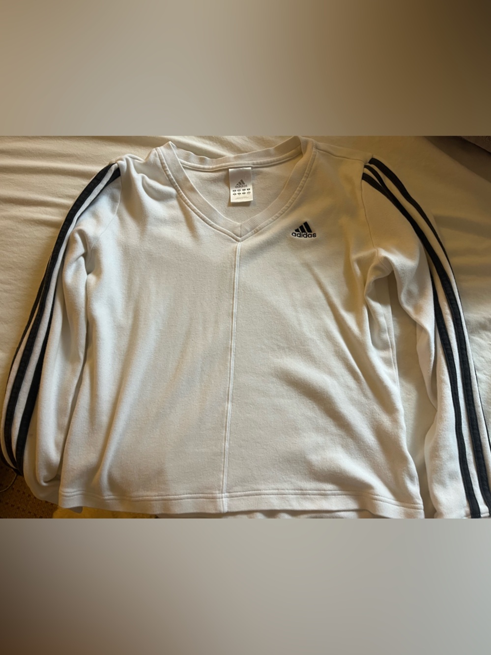 Adidas White V-Neck Long Sleeve Top with Black Logo